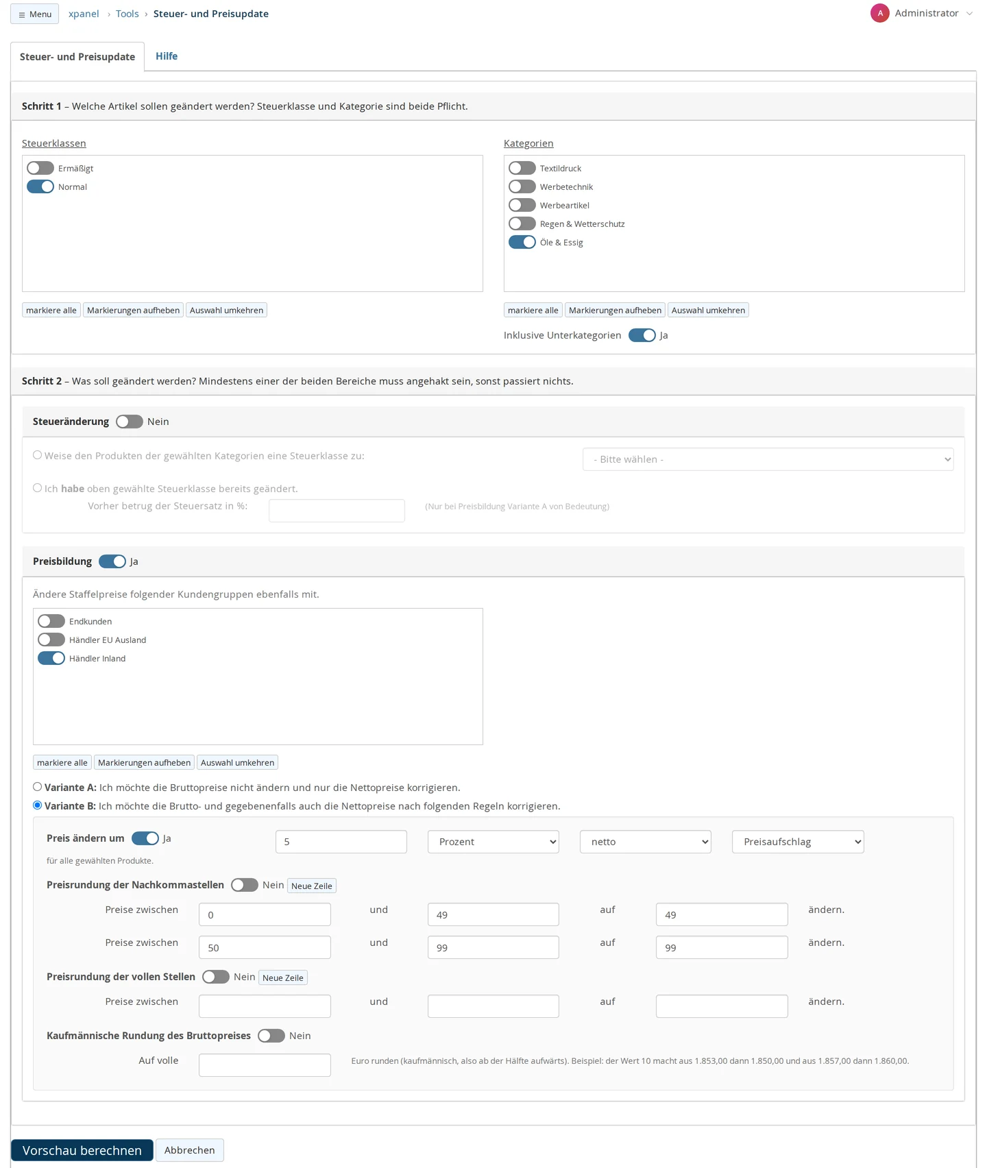 Tax and Price Update with Step 1 (Tax Class: Normal, Category: Oils & Vinegar, Include Subcategories: Yes) and Step 2 (Tax change: No; Pricing: Yes, with customer group “Domestic Retailers,” variant B; change price by a 5 percent net markup; rounding rules: Off) and the “Calculate Preview” button