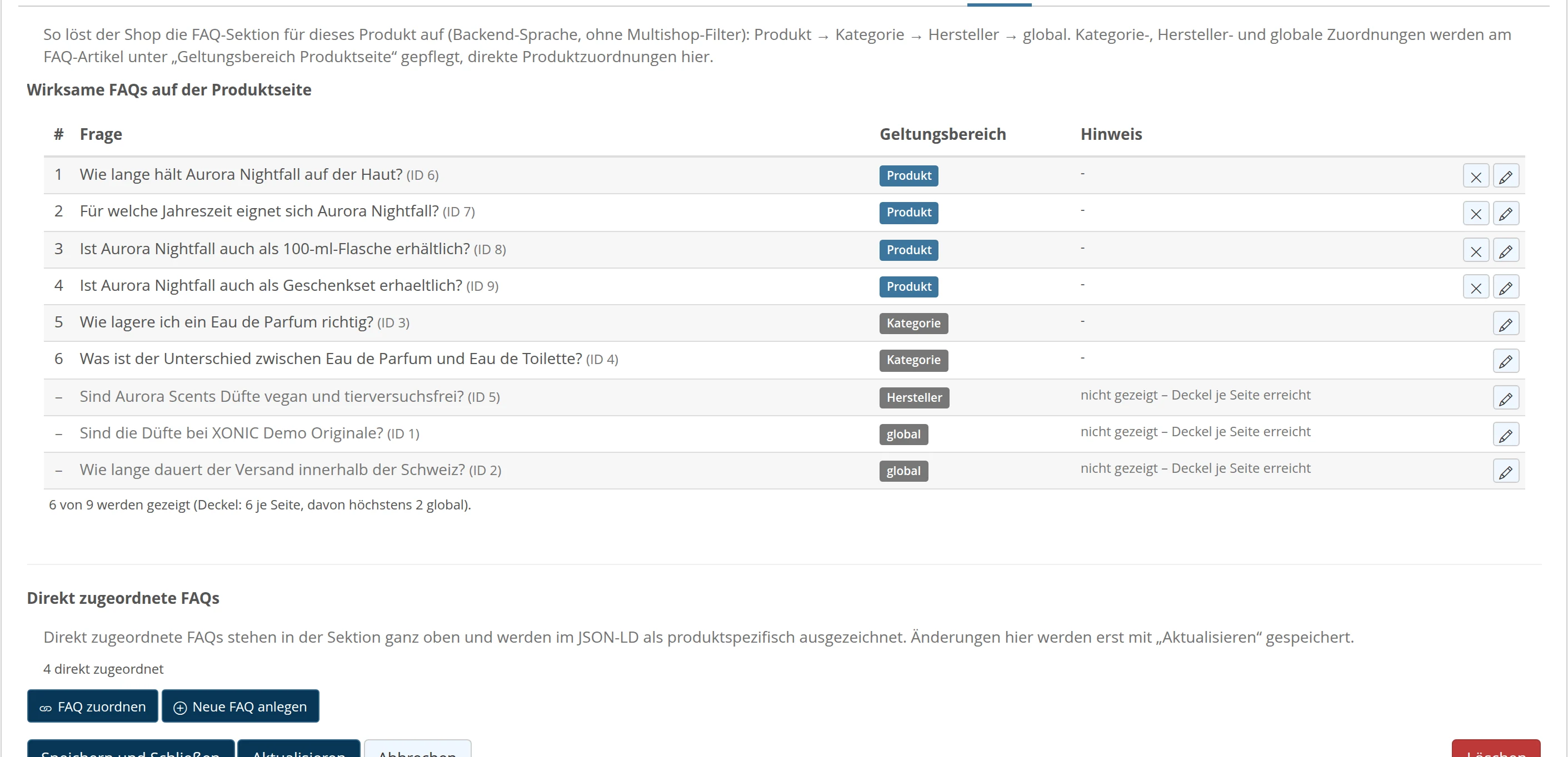 Reiter „FAQ“ in der Produktmaske: Tabelle der wirksamen FAQs mit Geltungsbereich und Hinweis, darunter die direkt zugeordneten FAQs mit den Buttons „FAQ zuordnen“ und „Neue FAQ anlegen“