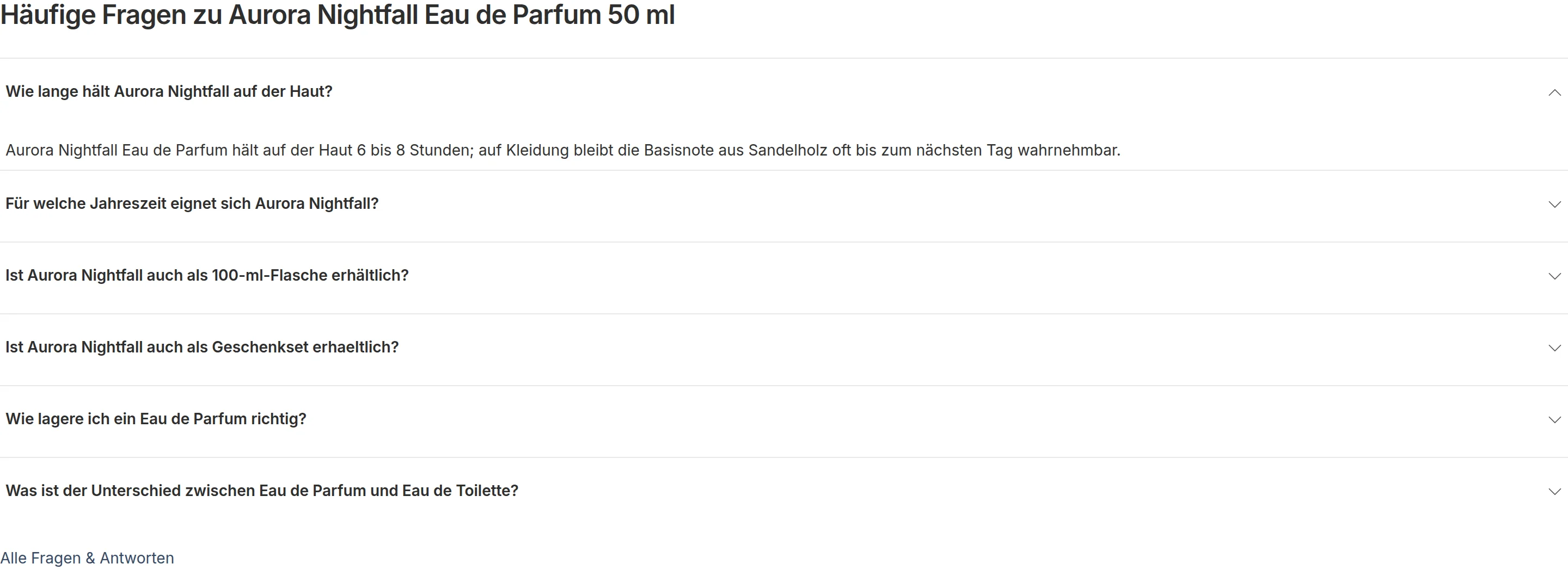 FAQ-Sektion auf der Produktseite eines Demoshops: Überschrift „Häufige Fragen zu Aurora Nightfall Eau de Parfum 50 ml“, sechs Fragen als Aufklapper, die erste Antwort geöffnet