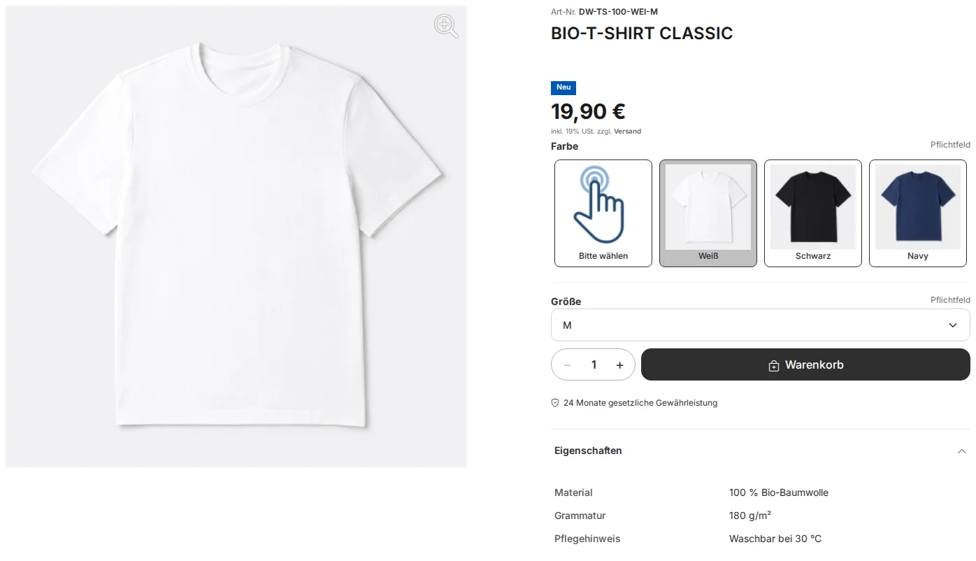 Product page for the Organic T-Shirt Classic with the color selection as image buttons, size M in the drop-down list, item number DW-TS-100-WEI-M, and the expanded properties material, fabric weight, and care instructions