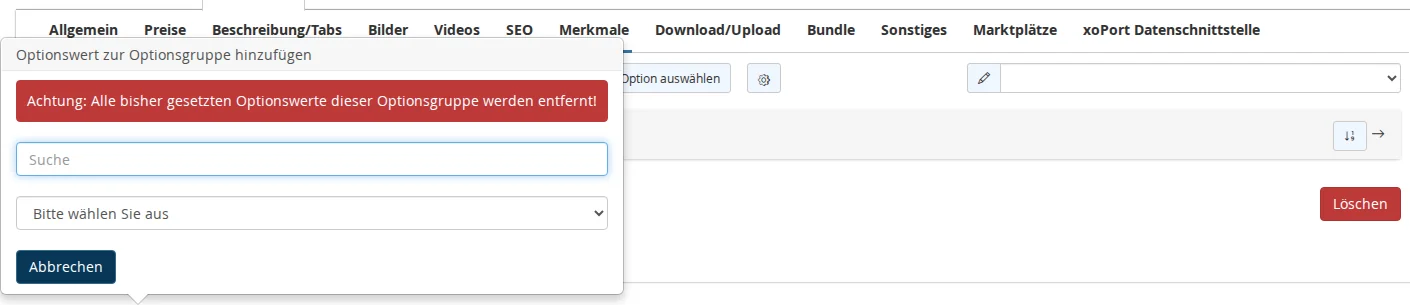 Popover "Add Option Value to Option Group" with the red warning "Caution: All option values previously set for this option group will be removed!", a search field, and the list of attributes