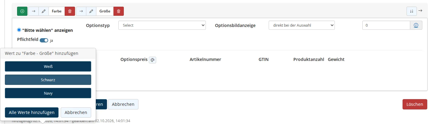 "Color and Size" attribute group with the "Add Value to Color - Size" popover, the colors white, black, and navy, and the "Add All Values" button