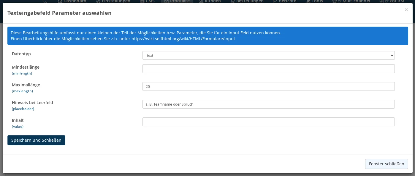 "Select Text Input Field Parameters" dialog with data type "text," maximum length of 20, and the prompt "e.g., team name or slogan" when the field is empty