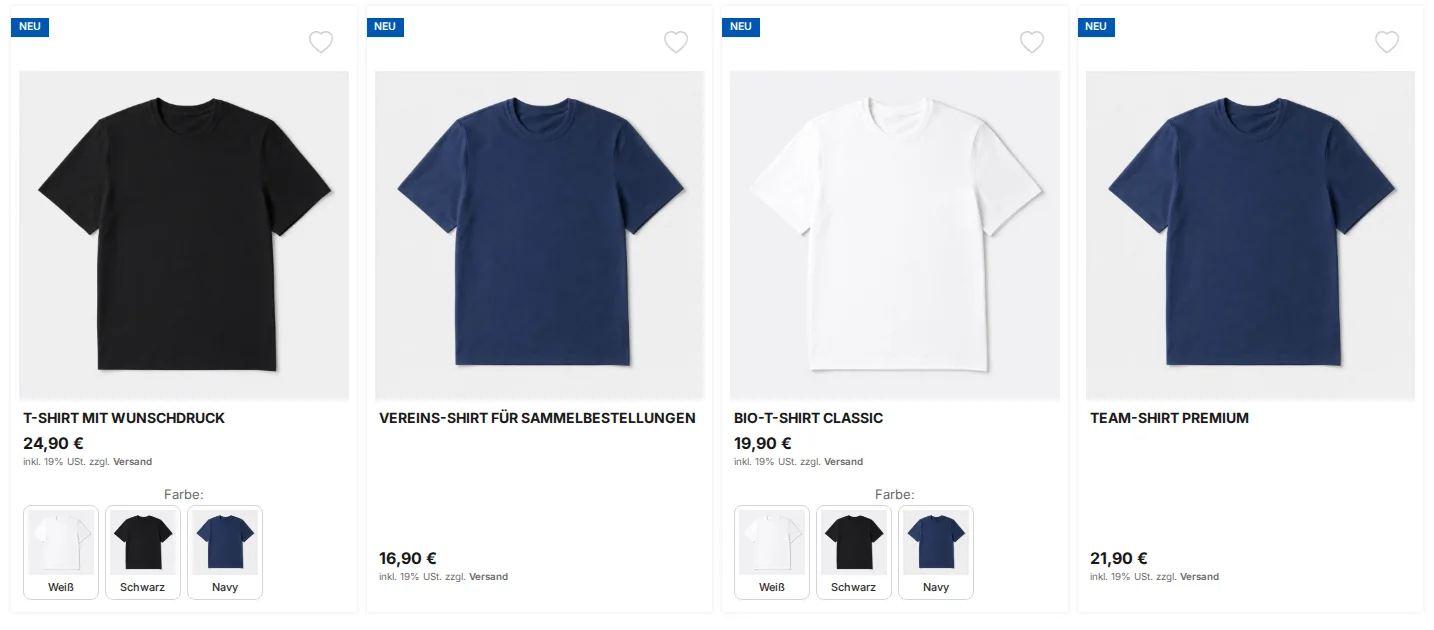 Category page for textile printing featuring four T-shirts. Under two products, the tiles White, Black, and Navy, each with a preview image, appear under "Color:".