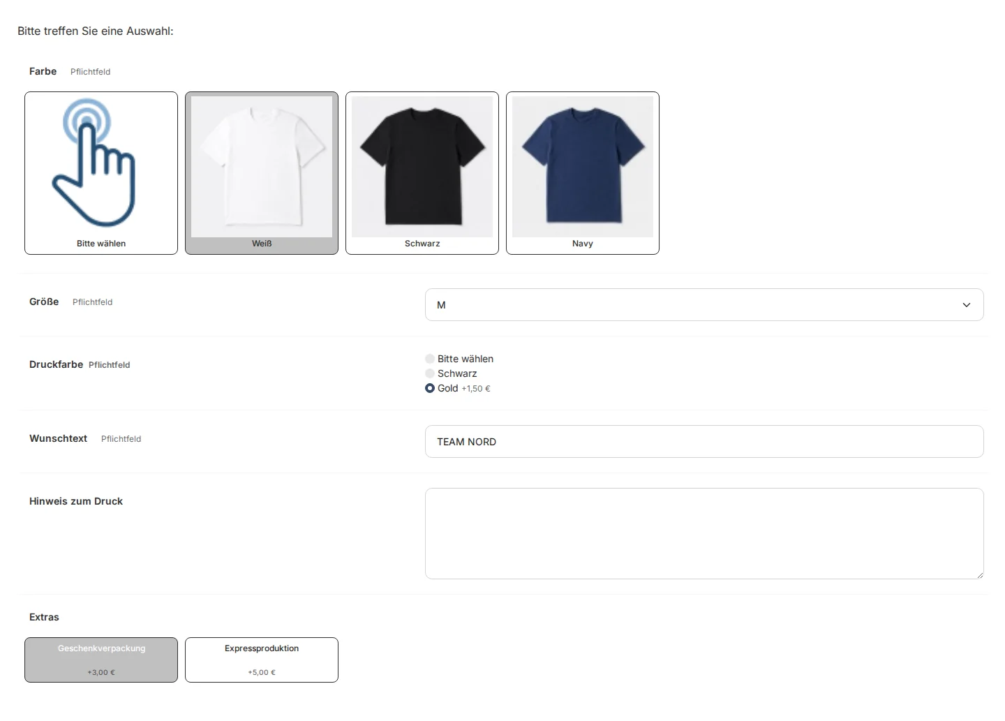 Selection options for the T-shirt with custom print: Color selected as image buttons with white, size M from the drop-down list, print color selected as radio buttons with gold for a 1.50 euro surcharge, custom text “TEAM NORD,” an empty text field labeled “Printing Notes,” and extras selected as buttons with gift wrapping