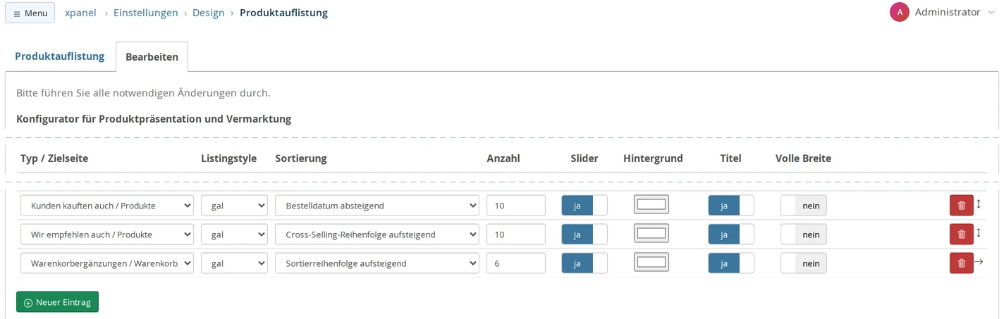 Settings → Design → Product Listing, Configurator for Product Presentation and Marketing in Edit Mode, section with the columns Type / Landing Page, Listing Style, Sorting, Quantity, Slider, Background, Title, and Full Width: Rows “Customers Also Bought / Products” (order date descending, 10), “We Also Recommend / Products” (cross-selling order ascending, 10) and the newly created row “Add to Cart / Shopping Cart” (6), with the “New Entry” button below it
