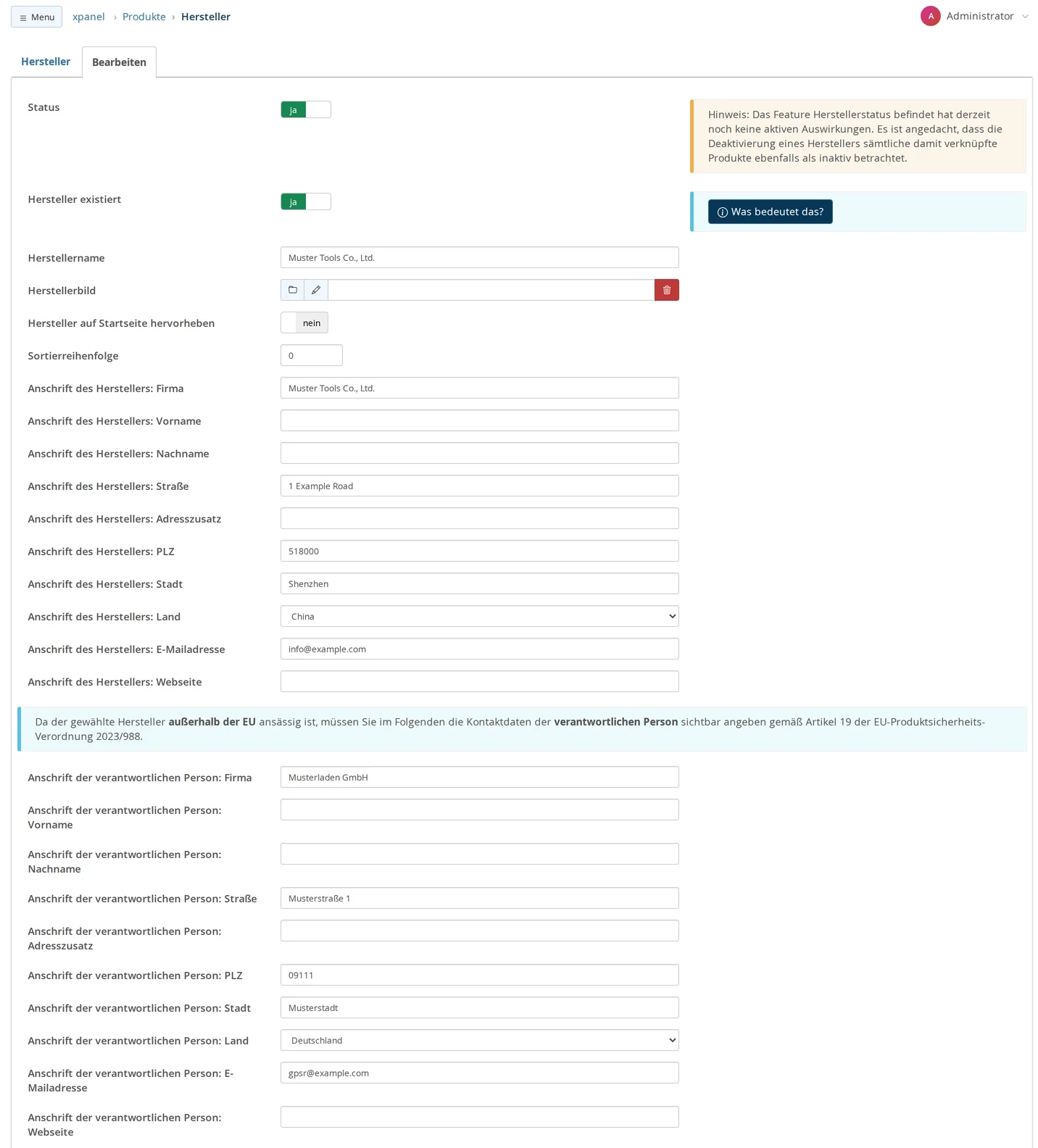 Produkte, Hersteller, Bearbeiten des erfundenen Herstellers Muster Tools Co., Ltd.: Schalter Status und Hersteller existiert auf ja mit Knopf Was bedeutet das?, Anschrift des Herstellers mit 1 Example Road, 518000 Shenzhen, China und info@example.com, darunter der Hinweis zum Hersteller außerhalb der EU und die Felder Anschrift der verantwortlichen Person mit Musterladen GmbH, Musterstraße 1, 09111 Musterstadt, Deutschland und gpsr@example.com