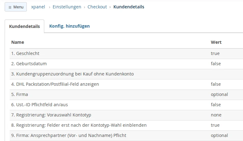 Backend-Liste Einstellungen, Checkout, Kundendetails mit den Zeilen Geschlecht, Firma, Ust.-ID Pflichtfeld, Registrierung: Vorauswahl Kontotyp, Registrierung: Felder erst nach der Kontotyp-Wahl einblenden und Firma: Ansprechpartner Pflicht