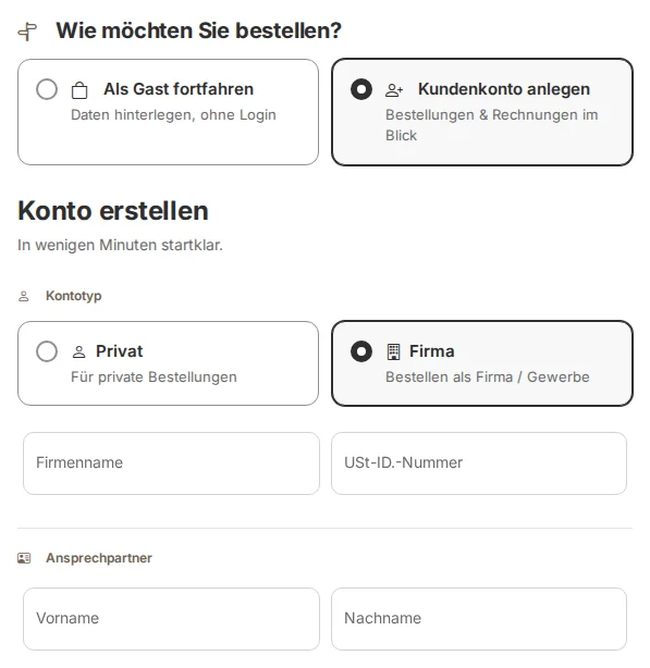 Registrierung mit vorausgewählter Karte „Firma“: Firmenname und USt-IdNr. ohne den Zusatz „optional“, darunter die Überschrift „Ansprechpartner“ mit den Pflichtfeldern Vorname und Nachname