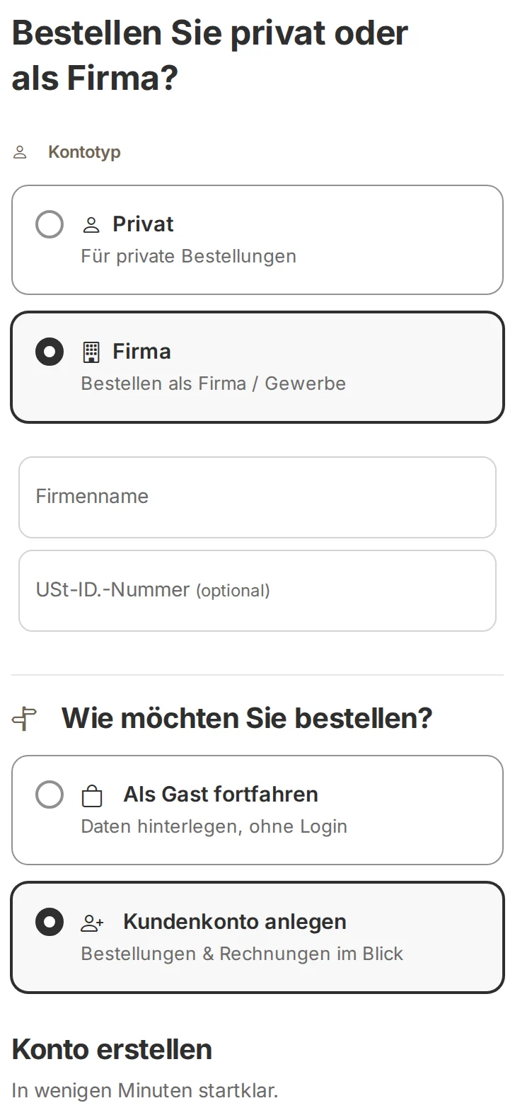 Smartphone-Ansicht nach Tippen auf „Firma“: Karte Firma ausgewählt, darunter Firmenname und USt-IdNr. (optional), danach „Wie möchten Sie bestellen?“ mit den Karten Gast und Kundenkonto