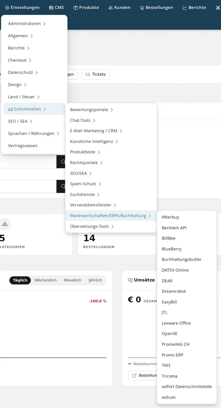 Backend menu "Settings" expanded: Interfaces → Inventory Management/ERPs/Accounting, with the entries Afterbuy, Bechlem API, BillBee, BlueBerry, BuchhaltungsButler, DATEV Online, DEAR, Dreamrobot, EasyBill, JTL, Lexware Office, OpenXE, PromailAG CH, Promo ERP, TM3, Tricoma, xoPort Data Interface, and xoScan