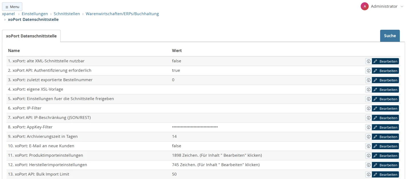 xoPort data interface settings list with 13 lines: old XML interface usable false, authentication required true, last exported order number 0, custom XSL template, share settings for the interface, IP filter and IP restriction (JSON/REST) empty, AppKey filter with hidden value, archiving period 14 days, email to new customers false, product and manufacturer import settings, bulk import limit 50