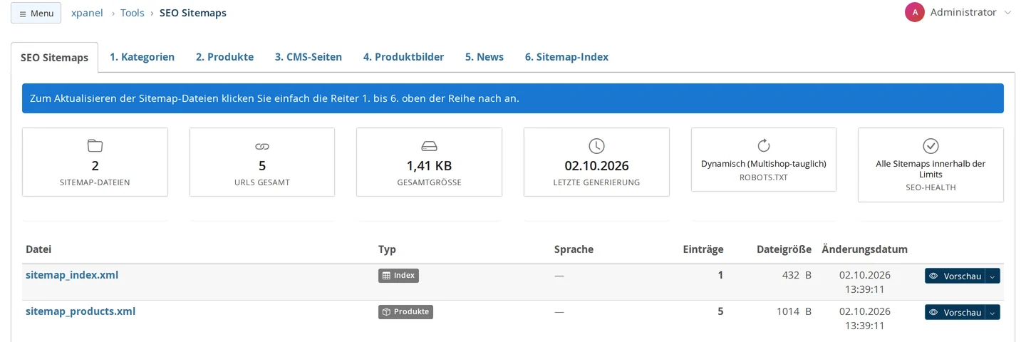 Tools, SEO Sitemaps: Reiter 1. Kategorien, 2. Produkte, 3. CMS-Seiten, 4. Produktbilder, 5. News und 6. Sitemap-Index, Kennzahlen zu Dateien, URLs, Größe und letzter Generierung, robots.txt Dynamisch (Multishop-tauglich), SEO-Health ohne Grenzüberschreitung und die Dateiliste mit Einträgen, Größe und Änderungsdatum