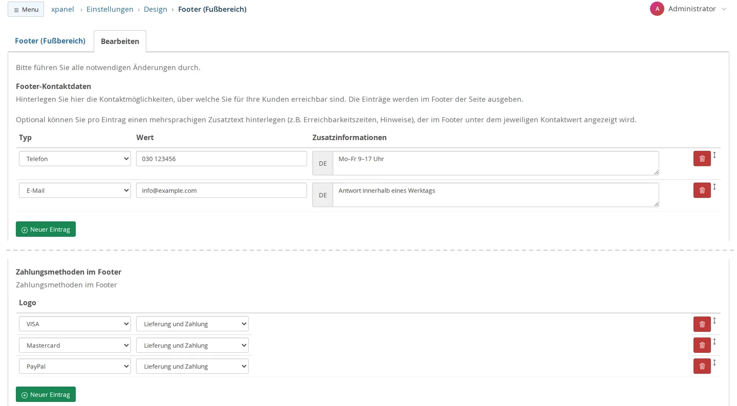 Einstellungen → Design → Footer (Fußbereich), zwei Felder in Bearbeitung: Footer-Kontaktdaten mit Telefon 030 123456 und der Zusatzinformation „Mo–Fr 9–17 Uhr“ sowie E-Mail info@example.com mit „Antwort innerhalb eines Werktags“; darunter Zahlungsmethoden im Footer mit VISA, Mastercard und PayPal, jeweils verlinkt auf die CMS-Seite „Lieferung und Zahlung“