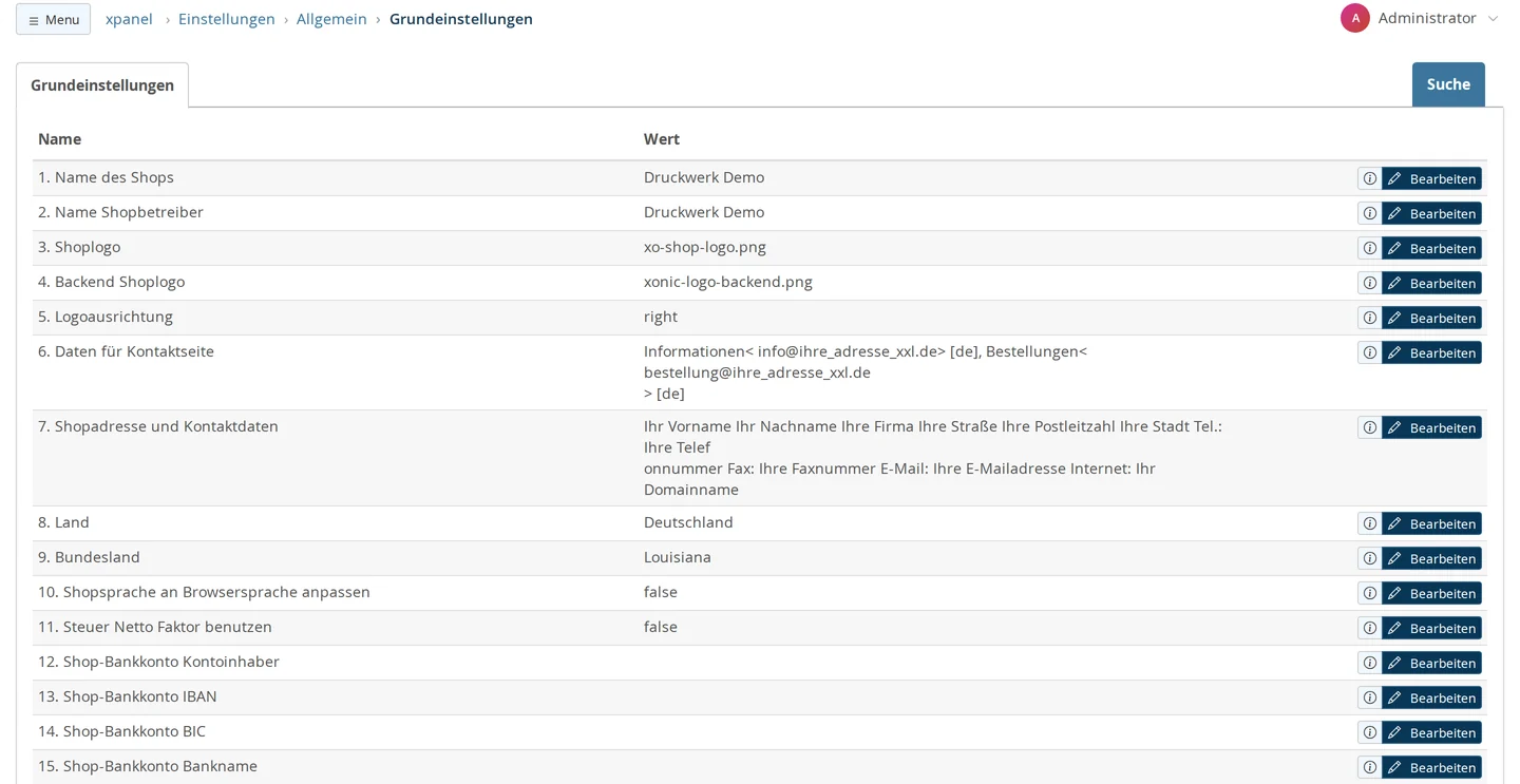 Grundeinstellungen mit Name des Shops, Name Shopbetreiber, Shoplogo, Shopadresse, Land, Bundesland und Shop-Bankkonto
