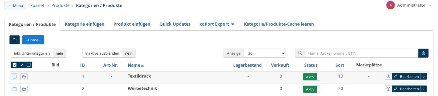 Übersicht Kategorien / Produkte mit den Reitern Kategorie einfügen und Produkt einfügen und zwei Kategorien