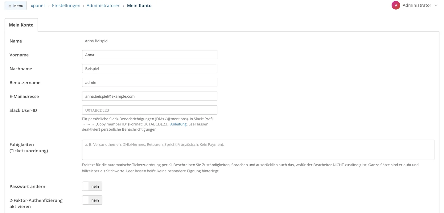 Seite Mein Konto mit Name, Benutzername, E-Mail-Adresse und den Schaltern Passwort ändern und 2-Faktor-Authentifizierung aktivieren
