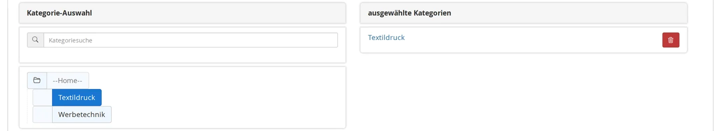 Kategorie-Auswahl im Reiter Sonstiges mit Kategoriebaum und der ausgewählten Kategorie Textildruck