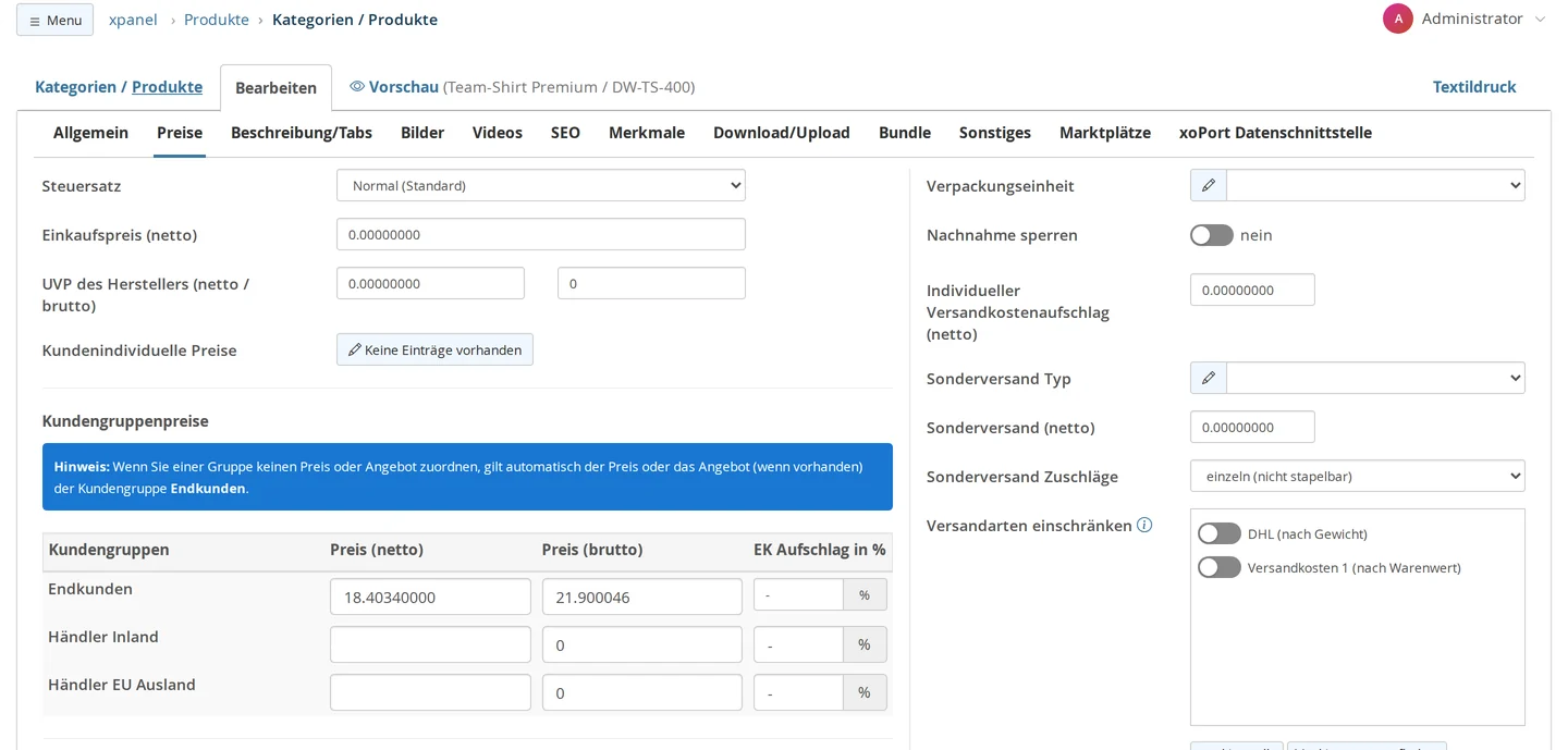 Produktmaske Reiter Preise mit Steuersatz, Einkaufspreis, UVP und Preisen je Kundengruppe netto und brutto