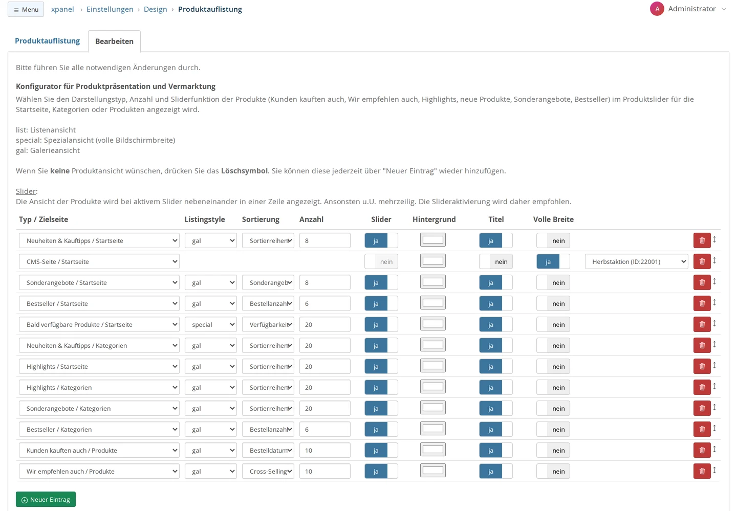 Einstellungen → Design → Produktauflistung, Konfigurator für Produktpräsentation und Vermarktung in Bearbeitung: oben die Zeilen Neuheiten & Kauftipps / Startseite, CMS-Seite / Startseite mit der Seite Herbstaktion, Titel nein und Volle Breite ja, Sonderangebote / Startseite und Bestseller / Startseite, darunter die Zeilen für Kategorien und Produkte und der Knopf „Neuer Eintrag“
