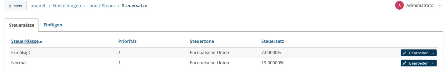 Liste der Steuersätze: Ermäßigt 7 Prozent und Normal 19 Prozent für die Steuerzone Europäische Union