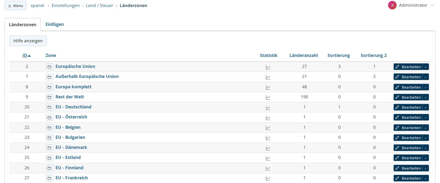 Liste der Länderzonen, nach ID sortiert, mit den Spalten Statistik, Länderanzahl, Sortierung und Sortierung 2: Europäische Union mit 27 Ländern, Außerhalb Europäische Union mit 21, Europa komplett mit 48, Rest der Welt mit 190 und die Zonen EU - Deutschland, EU - Österreich, EU - Belgien bis EU - Frankreich mit je einem Land