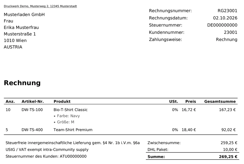 Rechnung RG23001 an die Musterladen GmbH, Erika Musterfrau, Musterstraße 1, 1010 Wien, Austria, mit Steuernummer DE000000000 im Kopf; zwei Positionen mit 0 % USt., darunter links „Steuerfreie innergemeinschaftliche Lieferung gem. §4 Nr. 1b i.V.m. §6a UStG / VAT exempt intra-Community supply“ und „Steuernummer des Kunden: ATU00000000“, rechts Zwischensumme 259,25 €, DHL Paket 10,00 € und Summe 269,25 € ohne Steuerzeile