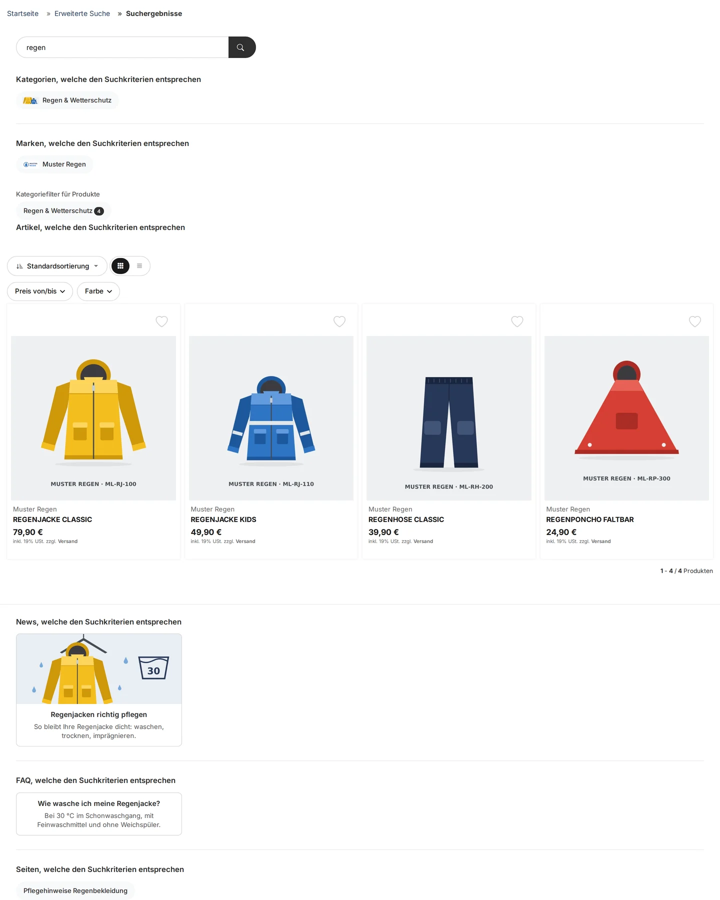 Search results page for “rain”: at the top, the chips “Rain & Weather Protection” (categories) and “Rain Patterns” (brands), below which are the category filter for products under “Rain & Weather Protection” and the result count of 4, the sorting options, the “Price from/to” and “Color” filters, and four items; below the product list, the news card “How to Properly Care for Rain Jackets,” the FAQ card “How do I wash my rain jacket?” and the page chip “Care Instructions for Rainwear”