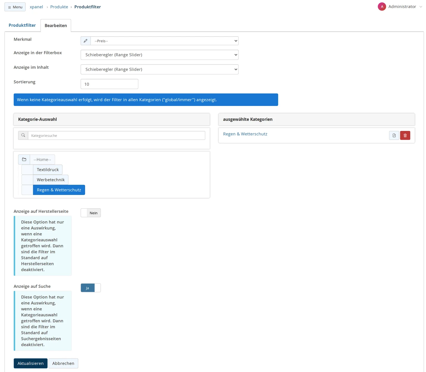 Products → Product Filter, Edit tab: Attribute “--Price--”, display in the filter box and display in the content as “Range Slider” in each case, Sort by 10, note on category selection, “Rain & Weather Protection” selected in the category selection and listed under “Selected Categories,” display on manufacturer page: No, display in search results: Yes
