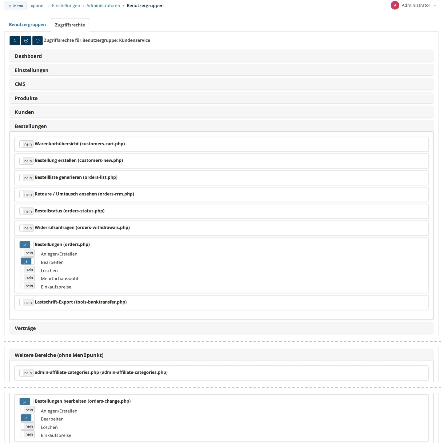 Zugriffsrechte für Benutzergruppe Kundenservice: oben drei Knöpfe zum Auf- und Zuklappen, Setzen und Entfernen aller Rechte, darunter zugeklappte Bereiche und der aufgeklappte Bereich Bestellungen mit „Bestellungen (orders.php)“ auf ja und den Unterrechten Anlegen/Erstellen, Bearbeiten (ja), Löschen, Mehrfachauswahl und Einkaufspreise; nach einer Auslassung der Bereich „Weitere Bereiche (ohne Menüpunkt)“ mit einer Seite, die nur ihren Dateinamen trägt, und „Bestellungen bearbeiten (orders-change.php)“ auf ja mit Bearbeiten