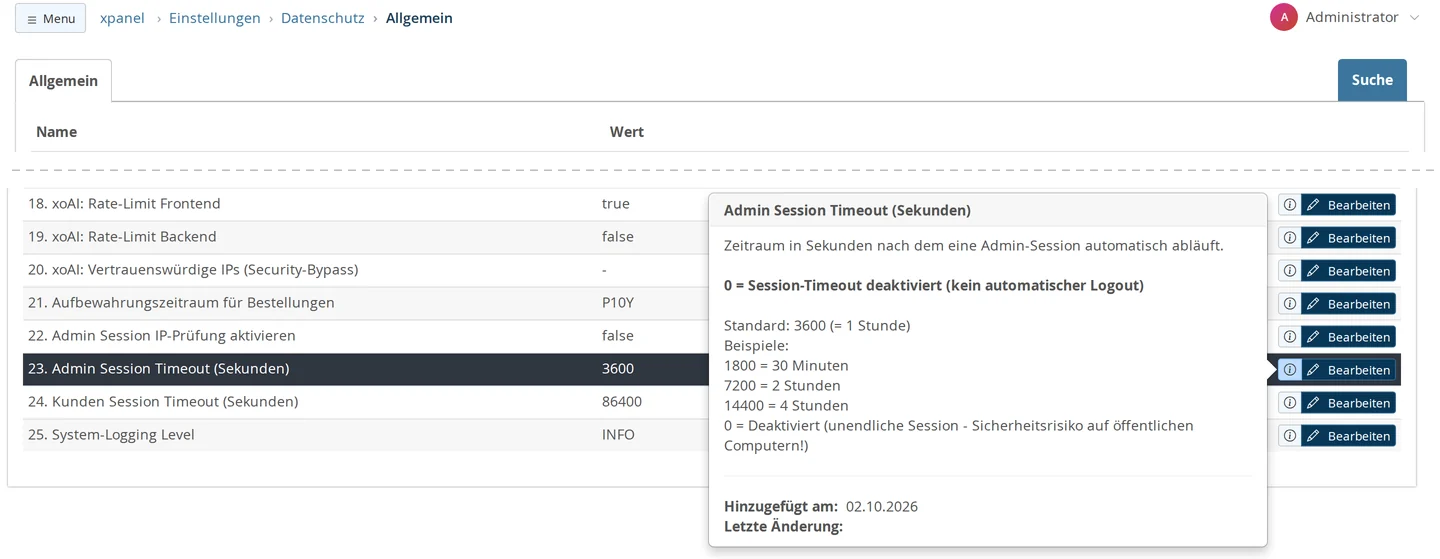 Einstellungen, Datenschutz, Allgemein: nach einer Auslassung die Zeilen „Admin Session IP-Prüfung aktivieren“ mit false und „Admin Session Timeout (Sekunden)“ mit 3600, daneben der geöffnete Hilfetext mit Standard 3600 und den Beispielen 1800, 7200, 14400 und 0