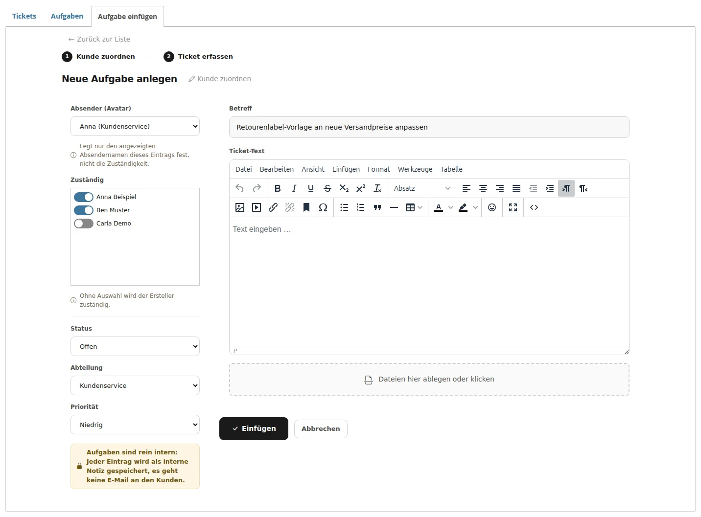 Schritt 2 einer Aufgabe ohne Kunde: interner Vorgang ohne E-Mail-Feld, „Zuständig“ mit Anna Beispiel und Ben Muster, Hinweis auf interne Aufgaben