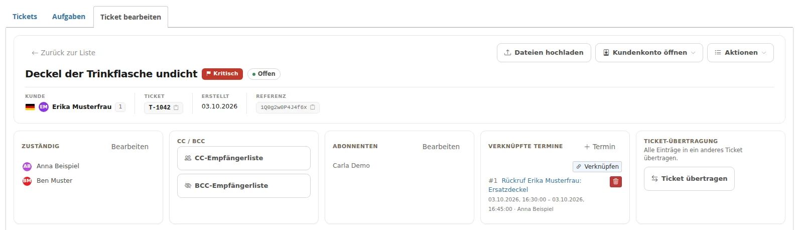 Detailansicht mit Betreff, Kennzeichen „Kritisch“ und Status sowie den Karten „Zuständig“, CC/BCC, „Abonnenten“, „Verknüpfte Termine“ und „Ticket-Übertragung“