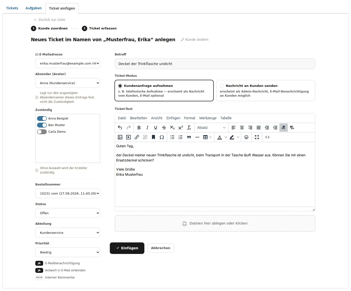 Formular Ticket erfassen für Erika Musterfrau mit „Absender (Avatar)“ samt Hinweis, Bestellnummer, Status, Abteilung, Priorität, „Zuständig“ und „Ticket-Modus“