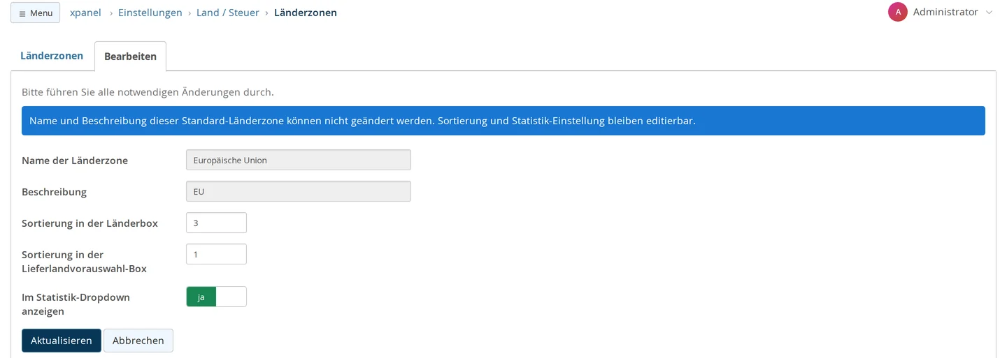 Länderzone Europäische Union bearbeiten mit Sortierung in der Länderbox 3 und Sortierung in der Lieferlandvorauswahl-Box 1