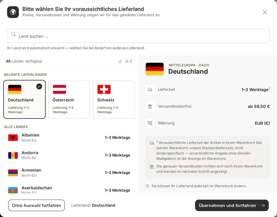 Fenster Lieferland-Vorauswahl im Shop mit Suche, Schnellwahl Deutschland, Österreich und Schweiz sowie Lieferzeit, Versandkostenfrei-Grenze und Währung