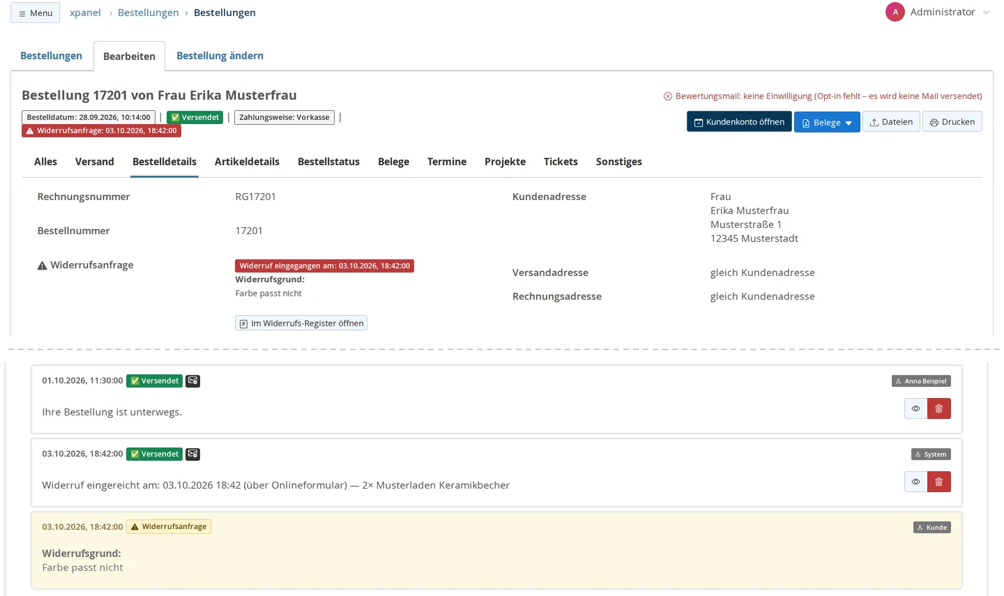 Bestellung 17201 im Backend: rote Plakette „Widerrufsanfrage: 03.10.2026, 18:42:00“ in der Kopfzeile, in den Bestelldetails Eingangsdatum, Widerrufsgrund und Knopf „Im Widerrufs-Register öffnen“, darunter im Bestellverlauf der Eintrag „Widerruf eingereicht am … (über Onlineformular) — 2× Musterladen Keramikbecher“ und der gelbe Eintrag „Widerrufsanfrage“ von „Kunde“ mit Grund