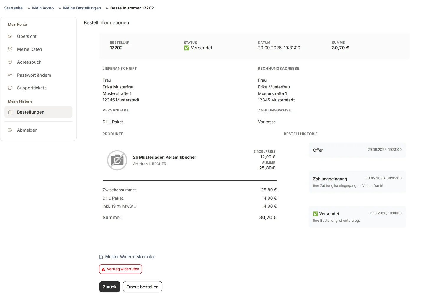 Kundenkonto, Bestellnummer 17202 mit Status Versendet, Adressen, zwei Keramikbechern und Bestellhistorie, darunter der Link „Muster-Widerrufsformular“ und der rot umrandete Knopf „Vertrag widerrufen“