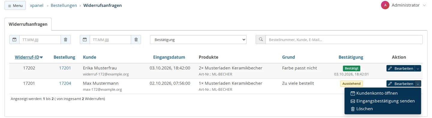 Backend unter Bestellungen → Widerrufsanfragen: Filter für Zeitraum, Bestätigung und Suche, darunter zwei Widerrufe – Erika Musterfrau mit 2× Musterladen Keramikbecher, Grund „Farbe passt nicht“, grün „Bestätigt“ mit Datum, und Max Mustermann mit 1× Keramikbecher, gelb „Ausstehend“, mit geöffnetem Aktionsmenü Kundenkonto öffnen, Eingangsbestätigung senden und Löschen