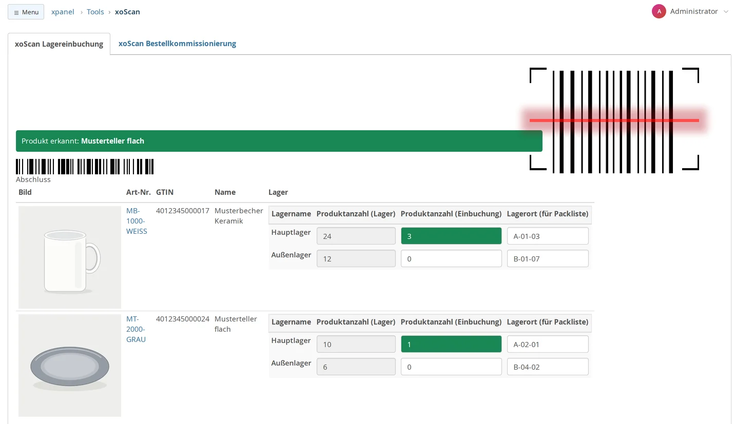 xoScan, "Warehouse Receipt" tab: Barcode completion and two items with image, item number, GTIN, and one line each for the main warehouse and remote warehouse with product quantity (warehouse), product quantity highlighted in green (receipt) 3 and 1, respectively, in the main warehouse and storage location (for packing list)