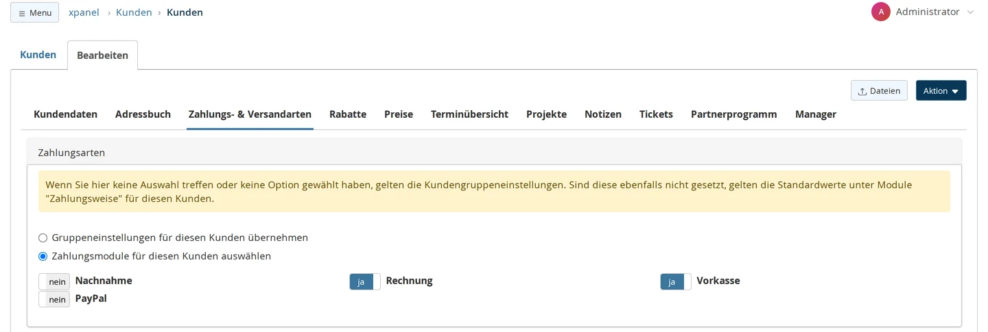 Kunde bearbeiten, Reiter „Zahlungs- & Versandarten“, Bereich Zahlungsarten: Hinweis auf die Kundengruppeneinstellungen, Auswahl „Zahlungsmodule für diesen Kunden auswählen“ statt „Gruppeneinstellungen für diesen Kunden übernehmen“, Schalter Rechnung und Vorkasse ja, Nachnahme und PayPal nein