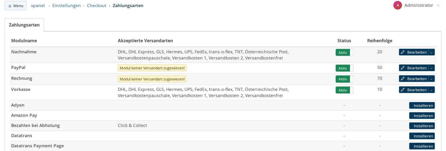 Liste Einstellungen → Checkout → Zahlungsarten mit den Spalten Modulname, Akzeptierte Versandarten, Status und Reihenfolge: Nachnahme (20) und Vorkasse (10) mit ihren Versandarten, PayPal (50) und Rechnung (70) mit dem gelben Hinweis „Modul keiner Versandart zugewiesen!“, alle vier aktiv; darunter Adyen, Amazon Pay, Bezahlen bei Abholung, Datatrans und Datatrans Payment Page mit dem Knopf „Installieren“