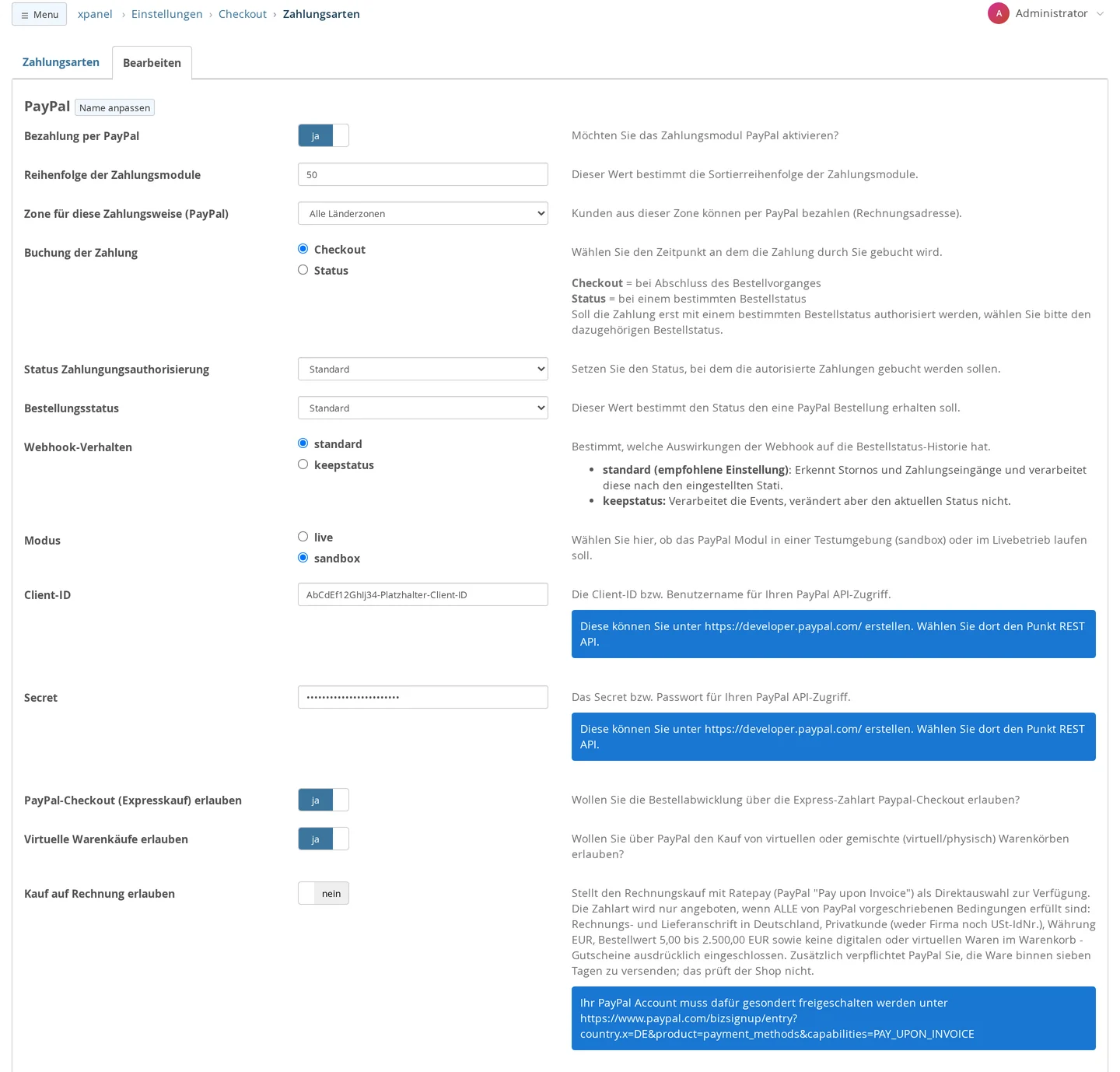 Bearbeitungsmaske des Moduls PayPal: „Bezahlung per PayPal“ ja, Reihenfolge 50, Zone Alle Länderzonen, „Buchung der Zahlung“ Checkout statt Status, „Status Zahlungungsauthorisierung“ und „Bestellungsstatus“ Standard, „Webhook-Verhalten“ standard, „Modus“ sandbox, Client-ID und Secret mit Platzhaltern, „PayPal-Checkout (Expresskauf) erlauben“ und „Virtuelle Warenkäufe erlauben“ ja, „Kauf auf Rechnung erlauben“ nein mit dem Link zur Freischaltung bei PayPal
