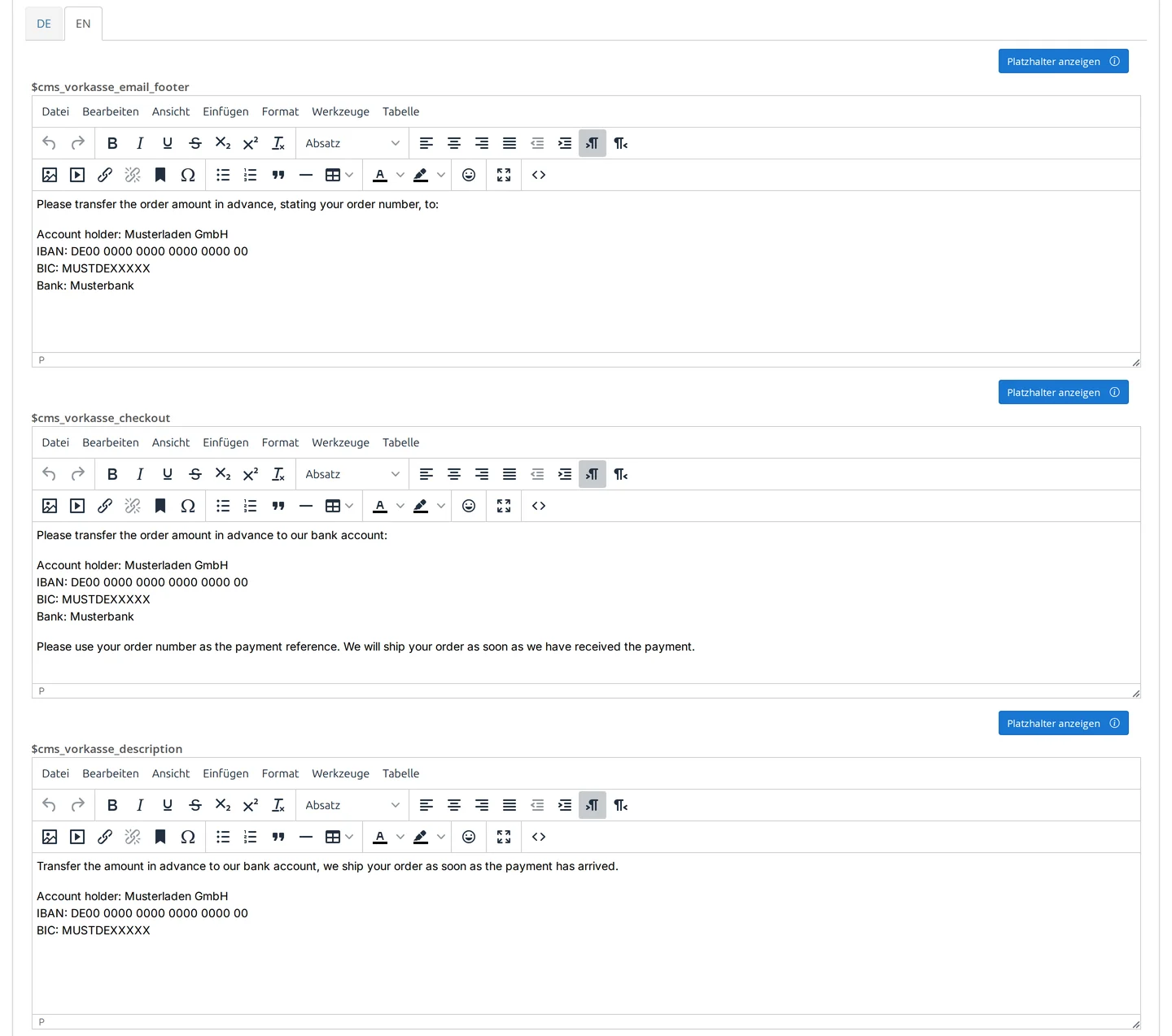 Unterer Teil der Bearbeitungsmaske des Moduls Vorkasse mit den Sprachreitern DE und EN, Reiter EN aktiv: Editoren $cms_vorkasse_email_footer, $cms_vorkasse_checkout und $cms_vorkasse_description mit englischem Text und der Bankverbindung Musterladen GmbH, IBAN DE00 0000 0000 0000 0000 00, BIC MUSTDEXXXXX, Bank Musterbank
